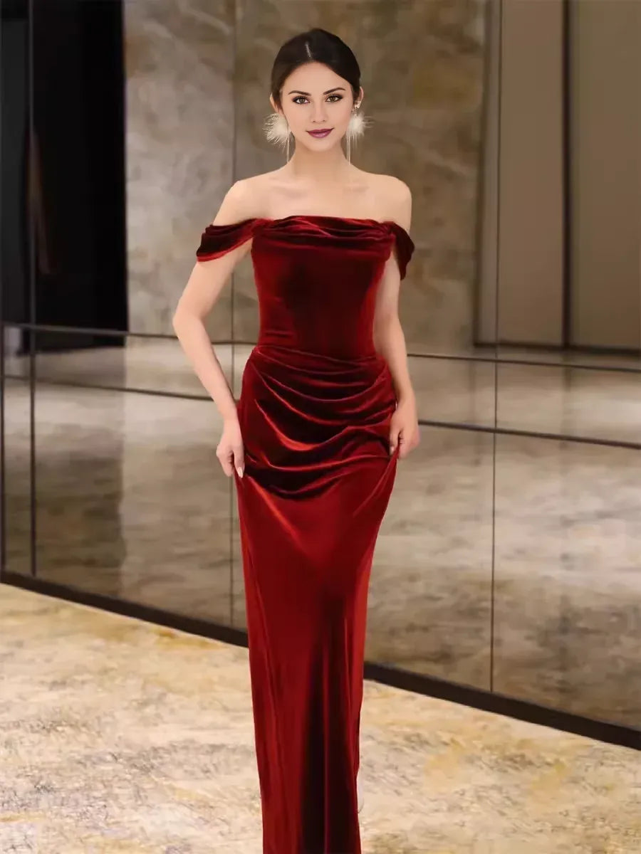 TingPo Wholesale Sheath Strapless Red Velvet Prom Dresses Evening Dress